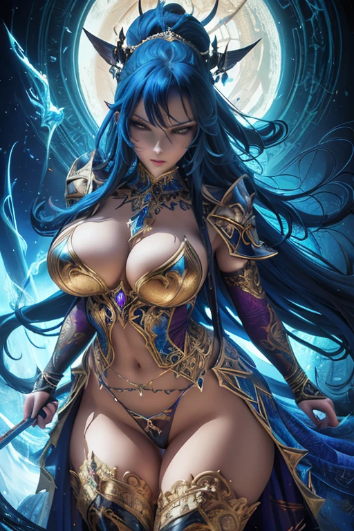 a magician warrior, big detailed breasts, sexy alluring pose, revealing sexy clothes, hyper detailed intricate ornate costume, beautiful detailed face, intense gaze, dramatic lighting, digital art, fantasy art, cinematic composition, vibrant colors, rich textures, highly detailed, photorealistic, 8k, masterpiece