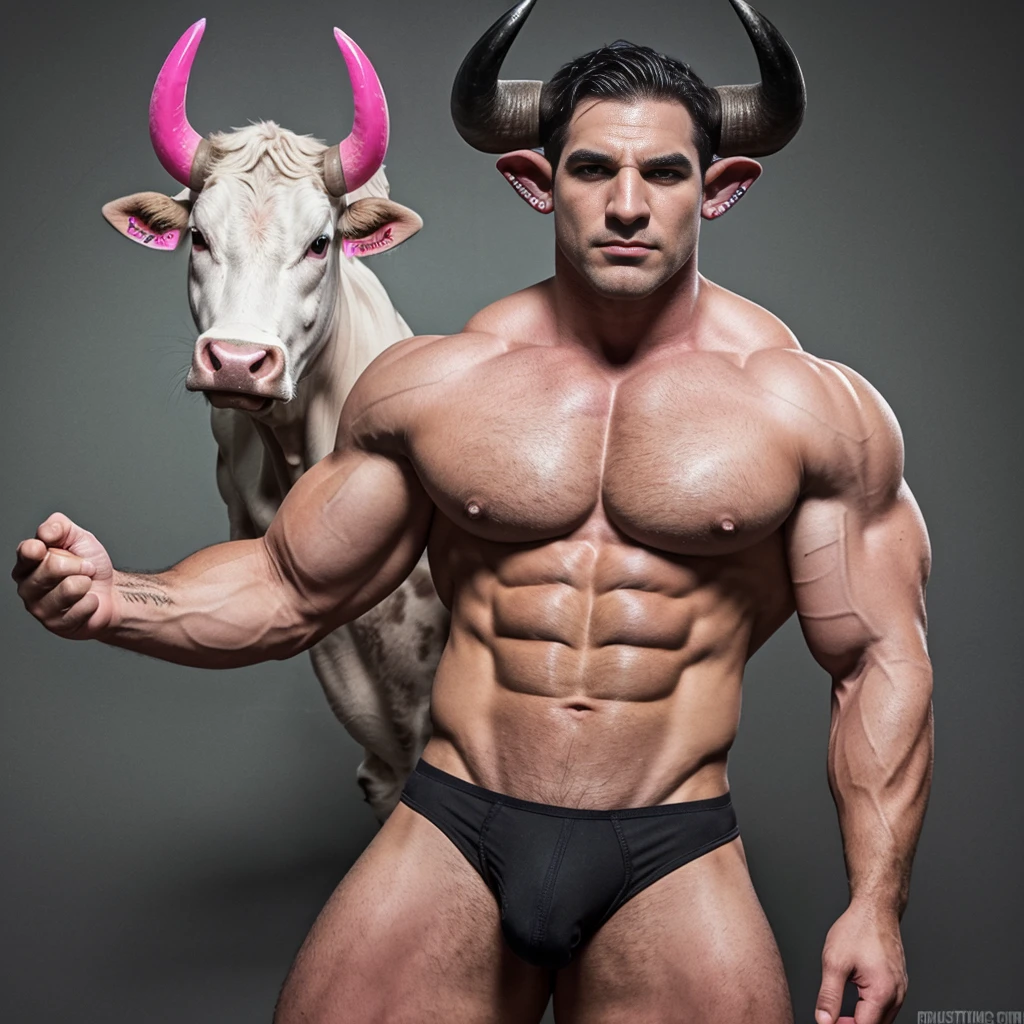 Solo, male (((bull, bovine, green eyes, muscular, big pecs, abs, pink nipples, grey body, grey fur, black eyebrows, black hair, broken horn, horns, pink nose, nose ring, muscular thighs, black thong, big bulge))) standing, flexing, silver piercing, perfect anatomy, full body, by darkgem, by mystikfox61, by glitter trap boy