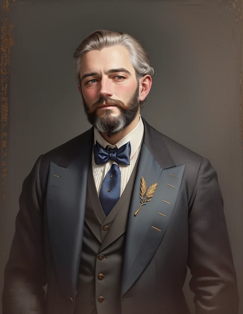there is a painting of a man with a beard and a suit, inspired by Henry Ives Cobb, Junior., artwork by Pedro Bell, inspirado em John Frederick Herring, Mr.., por George Barret, Mr.., inspirado em Samuel F. B. Morse, colorized portrait, inspired por George Barret, Mr.., detailed colorized portrait, 3 / 4 view portrait