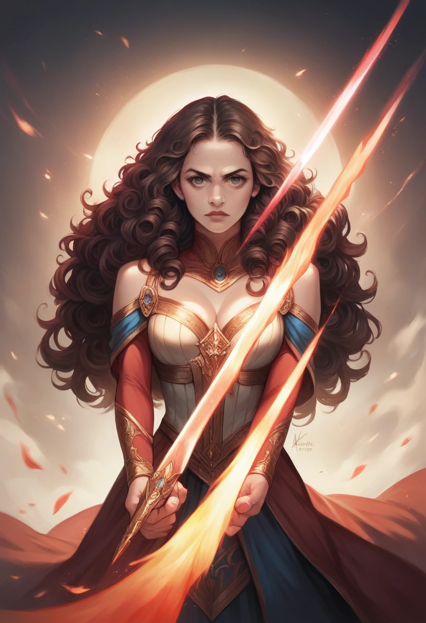 A beautiful Brazilian woman with long, curly hair wielding a flaming sword, high quality 8k, hyper detailed, masterpiece, photorealistic, dramatic lighting, cinematic composition, vibrant colors, fantasy, heroic, powerful, intricate details