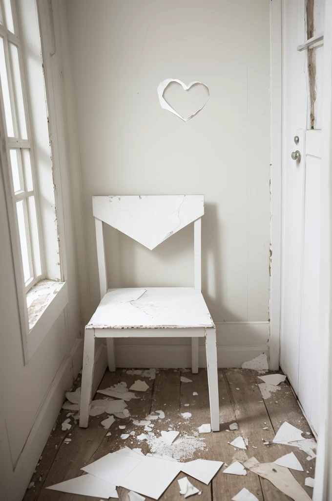 White room with just a simple wooden chair , paper sheets, shards,cracked and full of mold , that has something that resembles a heart without being a heart all white image