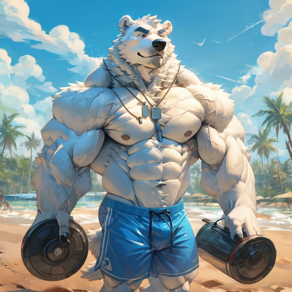  One tall Polar Bear with big muscular body shirtless and topless with light blue shorts and a dog tag on his neck, veiny, flexing