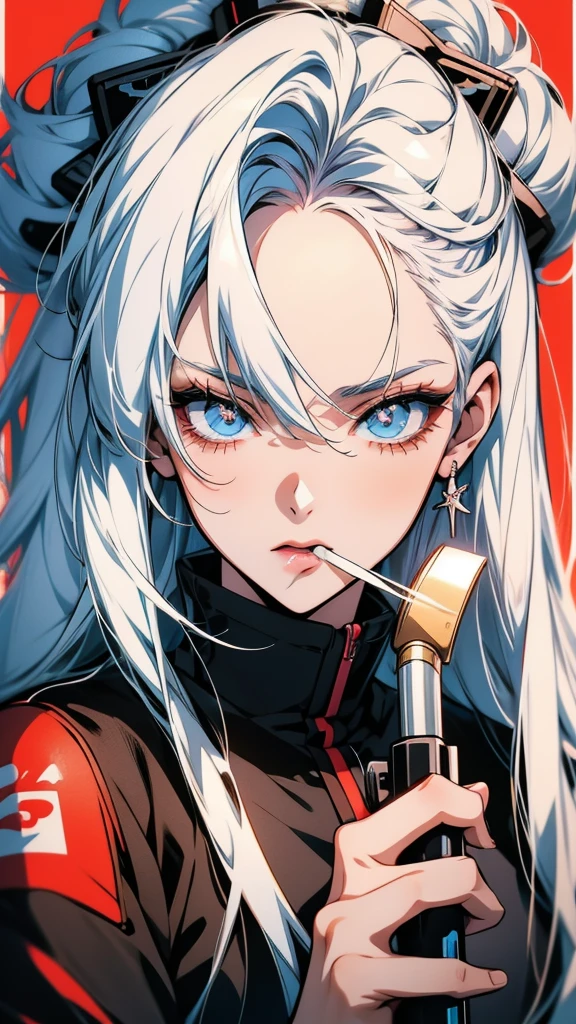 Anime girl with white hair and blue eyes brushing her teeth, 2 d Anime Style, Anime Styled, Anime Style character, Anime Style 4 k, Anime art style, high quality Anime art style, Anime Style portrait, Girls Frontline Style, Anime Style. 8K, trigger Anime art style, Perfect white hair girl, Inspired by anime, in an Anime Style, Style Anime