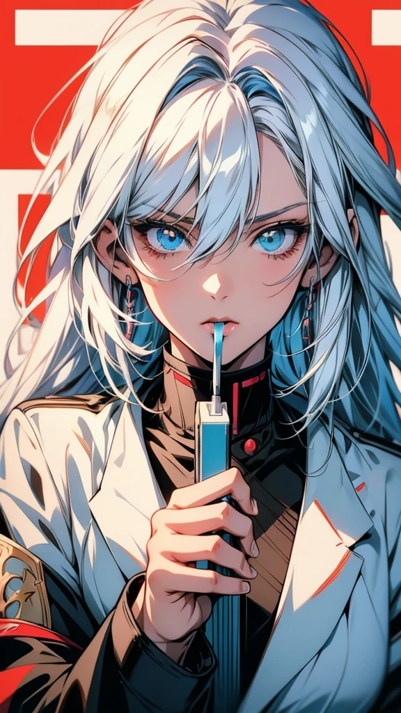 Anime girl with white hair and blue eyes brushing her teeth, 2 d Anime Style, Anime Styled, Anime Style character, Anime Style 4 k, Anime art style, high quality Anime art style, Anime Style portrait, Girls Frontline Style, Anime Style. 8K, trigger Anime art style, Perfect white hair girl, Inspired by anime, in an Anime Style, Style Anime