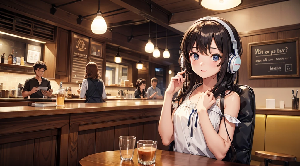 Girl with headphones enjoying music in a cafe I am studying Emphasize a little bit of the chest