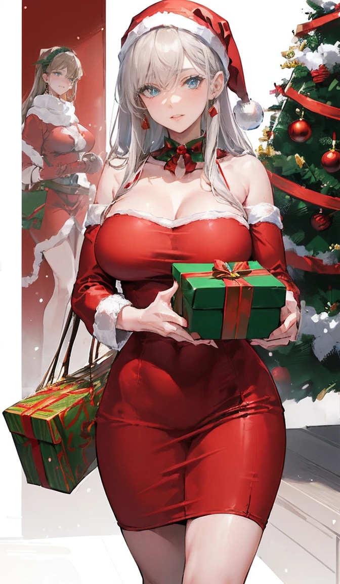 ((NSFW)),(Image Board:1.3), ((Mature girl in sexy Santa Claus costume:1.3, Red dress and green, Hold the present box in both hands and give it to the viewer.:1.2, Close to the audience:1.2)), Mature woman with long black hair and wearing red clothes, Red winter coat with fleece, scarf, green ribbon tie, Knee-length long boots, red and green winter clothing, holding a gift box wrapped in ribbon:1.5, A Christmas tree decorated with lots of ornaments:1.2, white bag on the sled, Wearing a red pencil skirt, Arabic, bodybian, Fine details, Beautiful anime illustrations, 28 years old, (Mature Woman:1.3), (alone:1.5), (SFW:1.25), (Saggy breasts, Fuju&#39;s Chest, big , Narrow waist, big ass:1.2), Raised to be sexy, (Dark mahogany medium short hair, Updo, Hair on one eye, Asymmetrical Hair, Curly Hair, Low braid), (Muslim, white Headscarf, hair band, Today my head, turbaned), (Ultra-high resolution, 8k RAW photos, Photorealistic, Thin contours:1.3, Clear focus), Highest quality, Cinema Lighting, Fabric Shading, Blurred Background, field of depth, Bokeh, (Bright Eyes, Beautiful eyes with fine highlights:1.3, Very fine eye, A face with attention to detail), Red lips, Realistic Skins:1.1, Looking at the audience:1.3, (Dynamic Angle:1.3, whole body:1.3, Front view:1.1, Focus House:1.3, From below:1.2), (Dynamic pose:1.5, Sexy pose:1.2, Sit with your knees hugged:1.3, Leaning forward:1.2), (Fascinating, shy happy smile:1.4), Centered Images, (Wearing a long red coat、Wearing clothes, ((Bare Chest:1.37)), Gold ornaments, Wear a red dress around your waist, dark red long leather boots:1.3, translucent white lace pantyhose), (((Correct Anatomy:1.5, Perfect hands:1.5, Ideal body proportions:1.37))), (Overnight:1.3), (Outdoor:1.2, In the snow:1.3, Under the stars),