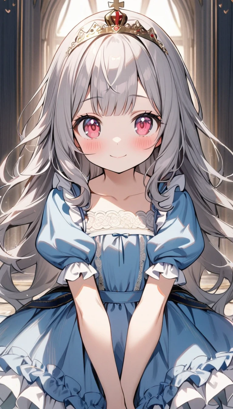 1girl, solo, long hair, looking at viewer, blush, smile, bangs, red eyes, dress, closed mouth, collarbone, short sleeves, grey hair, frills, puffy sleeves, pink eyes, puffy short sleeves, blue dress, frilled dress, tiara, aged down, crown, , v arms