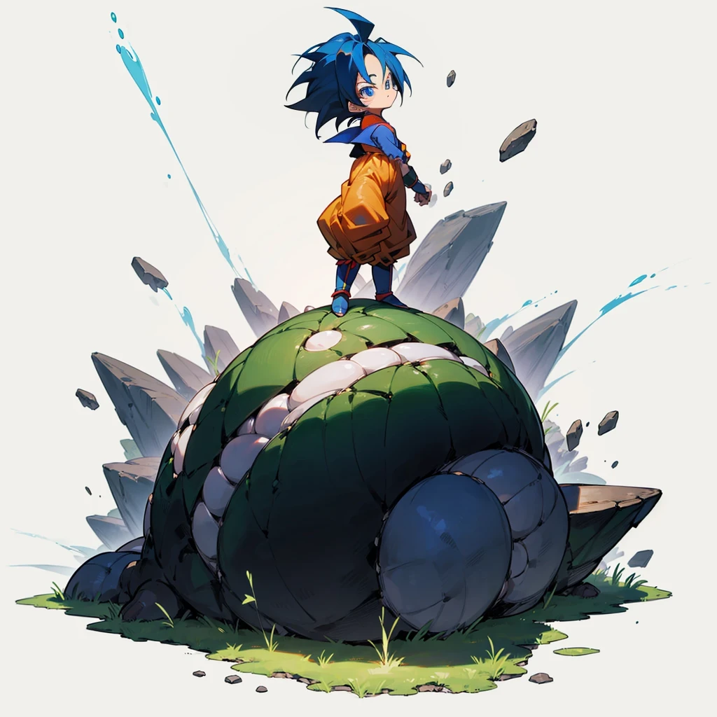 evolved into a saiyan, his hair turned blue, his eyes blue, his clothes remained the same