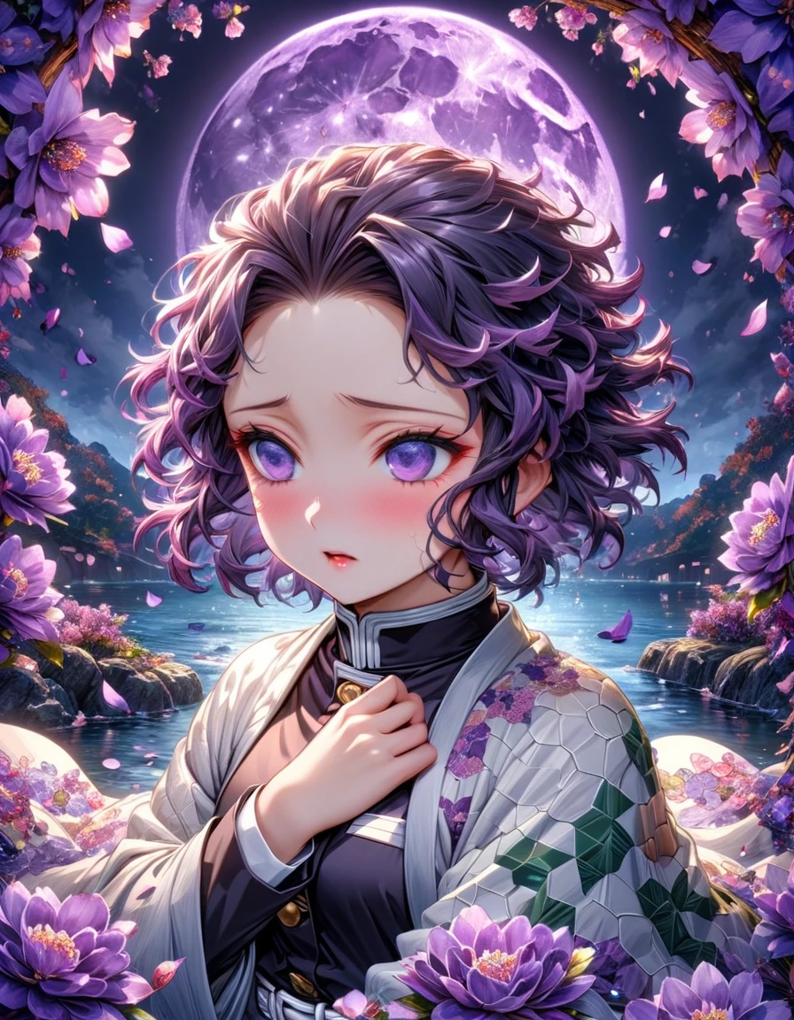 absurdres, highres, ultra detailed, HDR, master piece, best quality, Kocho Shinobu, short black wavy hair that fades into dark purple at the ends, short hair, expressive purple eyes, Kimetsu No yaiba, solo, woman, beautiful, white haori with butterfly patterns, demon slayer uniform, fantasy, shining, purple flowers, purple blossoms, water, purple petals, purple moon