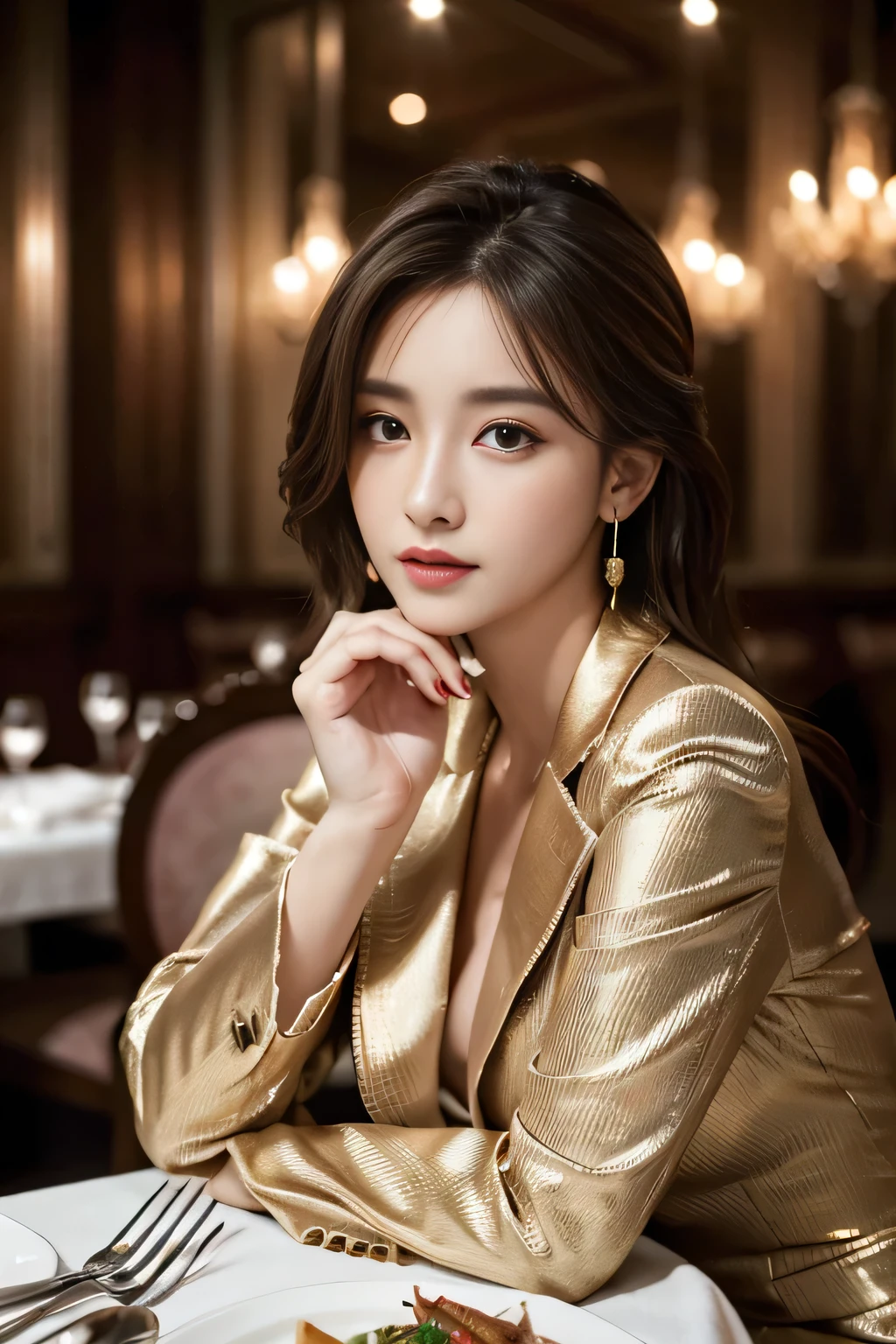 masterpiece, Highest quality, Realistic, Very detailed, Finer details, High resolution, 8k wallpaper, One beautiful woman,Wear a nice suit, In a great restaurant, At night, Light brown messy hair, Perfect dynamic composition, Beautiful and beautiful eyes、Big earrings、Sit on a chair