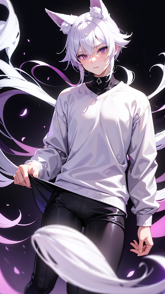 A boy with white hair, fair skin, purple eyes and fox ears and tail, wearing a white sweatshirt and black pants 