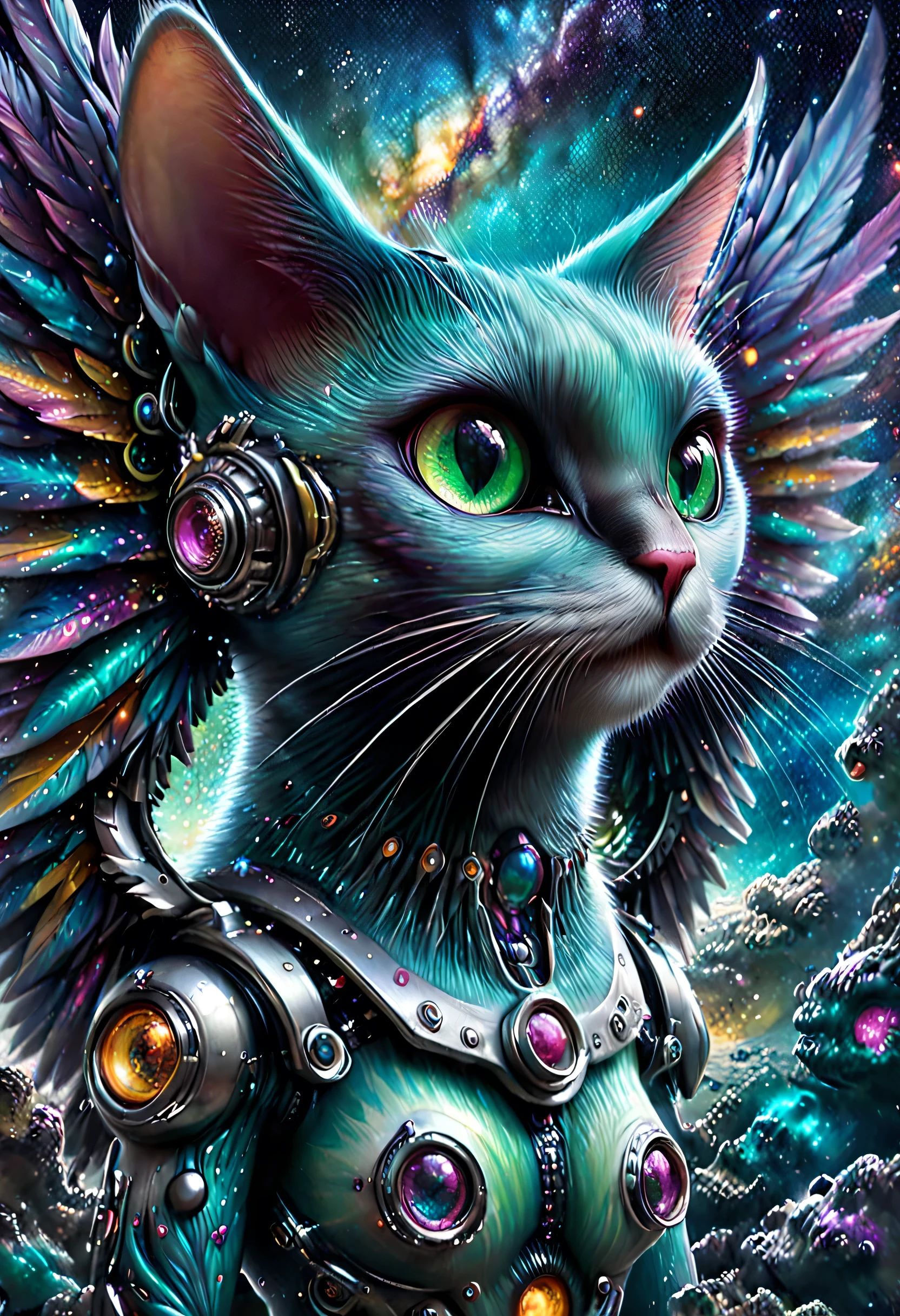 3D trippy surreal psychedelic half body portrait of hot gorgeous alluring smiling scifi alien cat, highly detailed beautiful trippy symmetrical eyes, wearing alien mechanical gear, trippy surreal busy 3D scifi alien world background, googie, bright psychedelic colors, trippy, busy, delicious, surreal, festive, by Mark Ryden, Ray Caesar --ar 2:3 --test --creative --upbeta