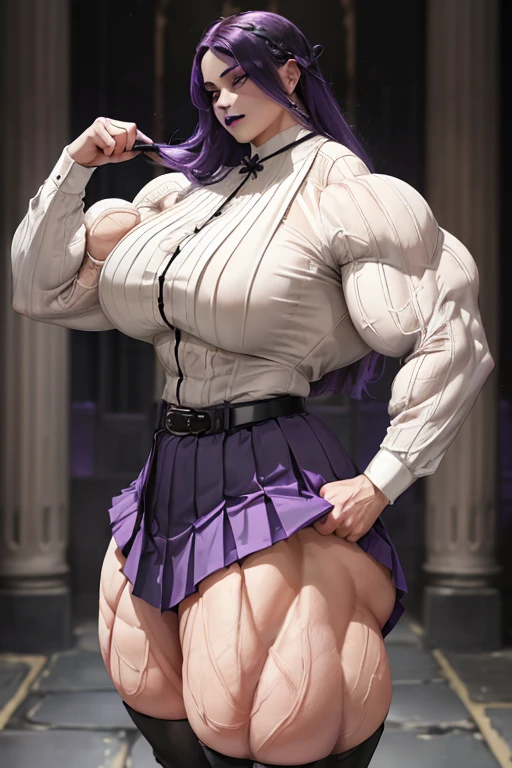 ((((Massive tall, beautiful, buff, pale white skinned muscular  woman with violet purple hair, black lipstick, ginormous bulky muscles and wearing a violet long sleeve pleated shirt with beautiful long pleated skirt)))), (close view), (massive muscles), long hair with long bangs, ((chained belt)), black eyes, choker, ((violet purple long sleeve pleated shirt and tie)), neck tie, ((beautiful long pleated skirt)), belt, thigh high socks, black boots, (in Hogwarts), closed smile, night, massive muscles