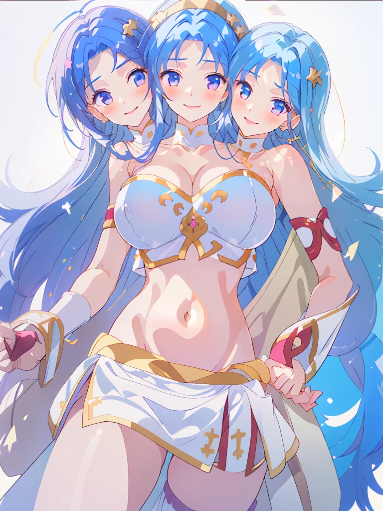 (masterpiece, best quality), best resolution, (3heads:1.5), 1girl, dark blue hair, flowing hair, smiling, soft smile, open belly, white crop top, white miniskirt, open breasts, huge tits, sexy pose, beautiful eyes, headband, blue fingerless gloves