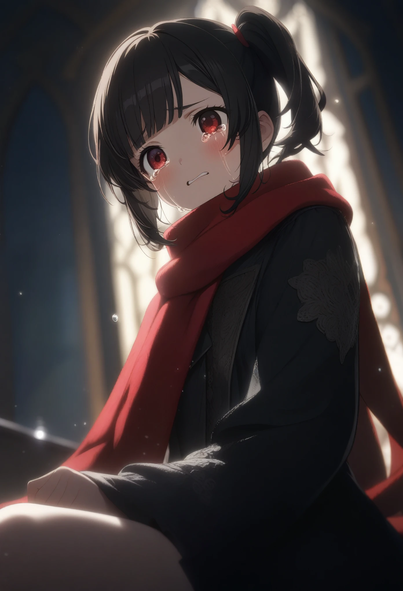 1girl momose \(oqo\), official art, sitting, crying, tears streaming, black coat, red scarf, black hair, side_ponytail, red eyes, (very aesthetic, best quality, ultra detailed), intricate details, highres, indoors, light particles, close-up, blurry background,, low angle, cinematic angle, cowboy shot, emotional, delicate features