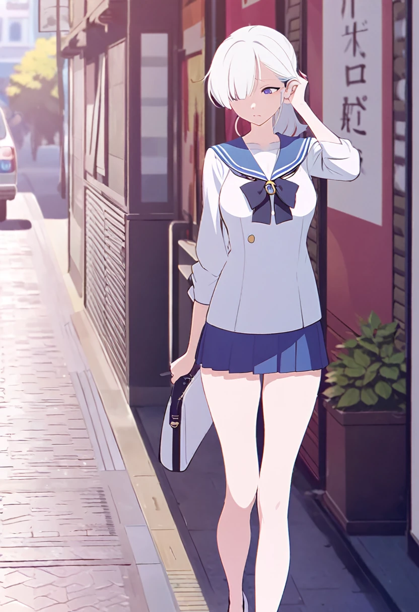 (One tall woman,White Hair,Hairstyle is short ponytail,Blue Eyes,Medium chest,Medium thighs,Woman hiding her right eye with her hair)Sailor suit,Short skirt,Woman walking on the street