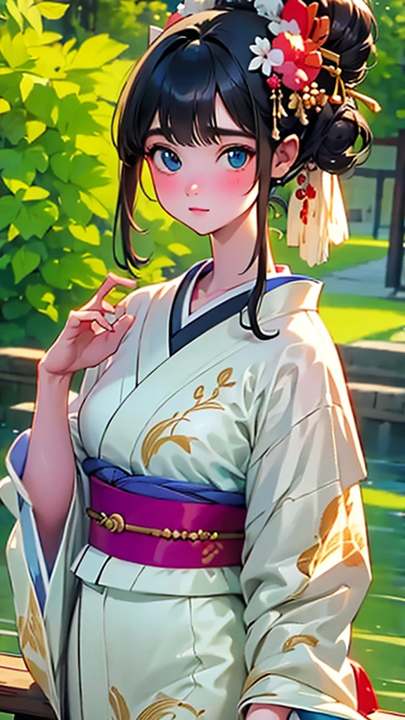 Tabletop, Highest quality, Very delicate and beautiful girl,Very delicate and beautiful, World Masterpiece Theatre, Very detailedな, Very detailed, Highest quality, Very beautiful silky black hair,kimono,Japanese Clothing,落ち着いた色合いのkimono,ナチュラルカラーのkimono, High resolution, Very detailed,1 Girl, Highest quality, shape, Looking at the audience, Material, canvas, Oil, Genuineistic, Realist ,Genuine,Great background,Otherworldly background,