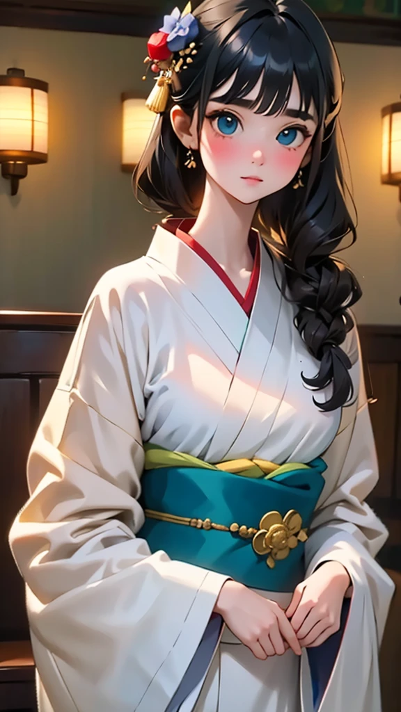 Tabletop, Highest quality, Very delicate and beautiful girl,Very delicate and beautiful, World Masterpiece Theatre, Very detailedな, Very detailed, Highest quality, Very beautiful silky black hair,kimono,Japanese Clothing,落ち着いた色合いのkimono,ナチュラルカラーのkimono, High resolution, Very detailed,1 Girl, Highest quality, shape, Looking at the audience, Material, canvas, Oil, Genuineistic, Realist ,Genuine,Great background,Otherworldly background,