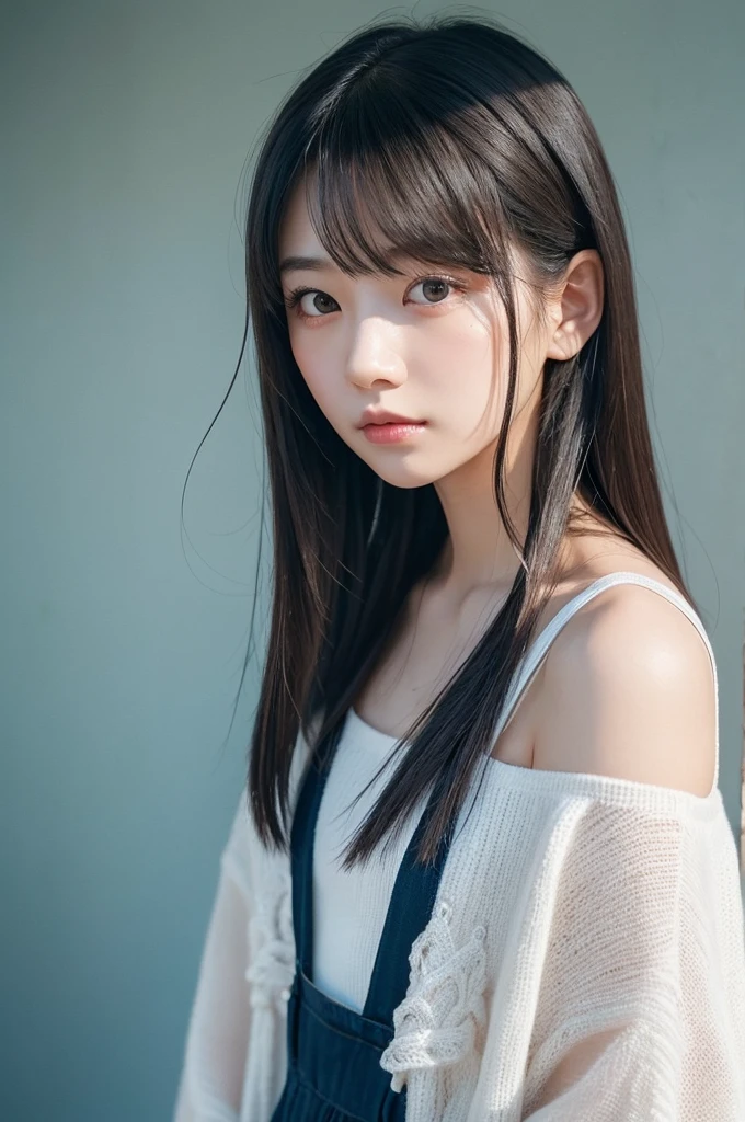 Vertical screen、For full body images、A mysterious and attractive Japanese girl is shown.。She has a dark and serious vibe.、Quietly gazing at me。Her hair is a natural short bob、Her black hair is messy as it flutters in the wind.。Her bangs fell over her face.、The shadows add a layer of mystery to her face.。
Her eyes are big、It seems like there is deep emotion in it.。Eyes are dark、It glows faintly in the light。Her expression is somewhat fleeting.、It gives the impression of being quietly pondering something.。Her slightly parted lips were a pale pink color.、Gives a natural beauty。
She is wearing a white off-the-shoulder、Her simple and calm outfit makes her presence stand out even more.。It contrasts with the cool overall color scheme.。Her outfit is simple.、Her simplicity enhances her beauty.。
The background is a pale blue-grey、It is simple with no decoration whatsoever.。This simple background、Highlighting her presence、The whole place exudes a tranquil atmosphere.。The background color is cold and quiet.、The contrast between her hair color and the white of her outfit is emphasized.、Makes a visual impact。
from her appearance、You can feel the fleeting moment and the strong presence at the same time.。Her beauty is delicate、
Overall、This image is a mix of tranquility and mystical beauty.。Her fragile expression and simple outfit、And the inorganic color tone of the background blends in.、It gives a deep impression to the viewer。Her appearance is、It's like a momentary illusion in a dream、Its transience enhances its beauty even more.。