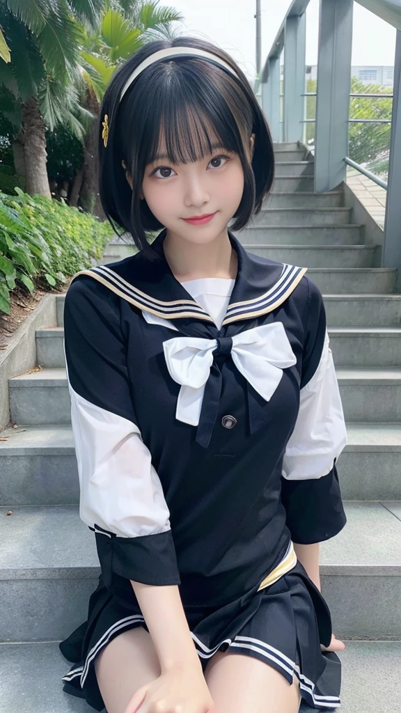 Black Hair、(School-designated sailor uniform:1.3)、short hair、hair accessory、Laugh a little、See-through、High-quality panties available、(Highest quality,masterpiece:1.3,Ultra-high resolution,),(Ultra-detailed,Caustics),(Photorealistic:1.4,RAW shooting,)Ultra-Realistic Capture,Very detailed,High resolution 16K human skin closeup。 The skin texture is natural、Detailed face and eyes、Sit on the stairs、My hair sways in the wind、