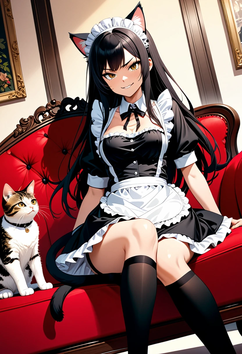 detailed illustration, dynamic angle, ultra-detailed, illustration, 1girl, medium breasts, sitting on a red velvet couch, catgirl, cats, black hair, long hair, cat ears, cat tail, smirk, proud, arrogant, french maid outfit