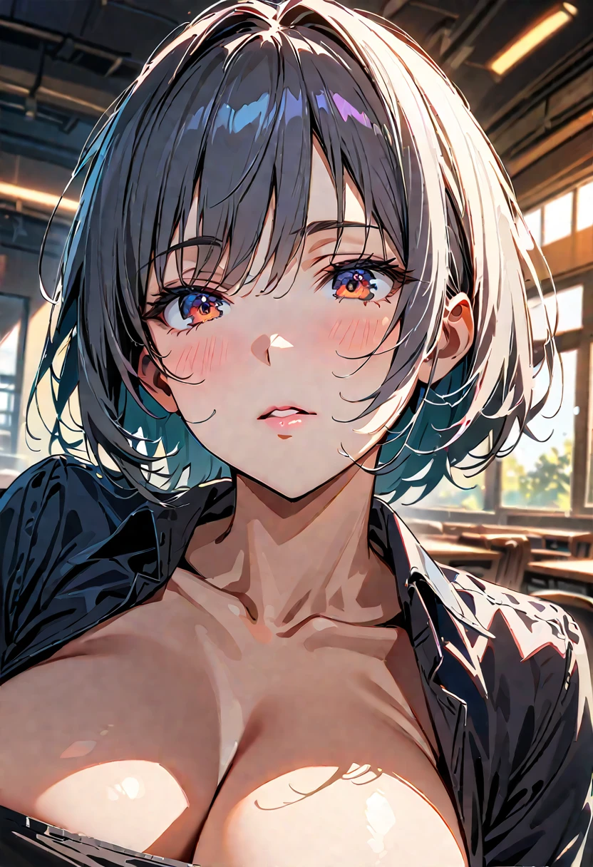 beautiful detailed eyes, beautiful detailed lips, extremely detailed eyes and face, long eyelashes, 1girl, , bored expression, looking down, hand on breast, large breasts, classroom setting, detailed background, (best quality,4k,8k,highres,masterpiece:1.2),ultra-detailed,HDR,UHD,studio lighting,ultra-fine painting,sharp focus,physically-based rendering,extreme detail description,professional,vivid colors,bokeh,portrait, kushida Kikyou
