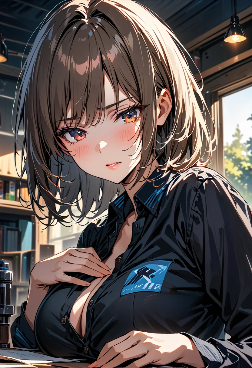 beautiful detailed eyes, beautiful detailed lips, extremely detailed eyes and face, long eyelashes, 1girl, , bored expression, looking down, hand on breast, large breasts, classroom setting, detailed background, (best quality,4k,8k,highres,masterpiece:1.2),ultra-detailed,HDR,UHD,studio lighting,ultra-fine painting,sharp focus,physically-based rendering,extreme detail description,professional,vivid colors,bokeh,portrait, kushida Kikyou