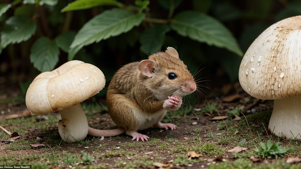 This image is a high-quality nature photograph, It features a small brown harvest mouse perched atop a large white mushroom. The composition centers on the mouse and the mushroom, highlighting intricate details in the mouse's fur and the mushroom's textured cap and stem. The background is a soft, out-of-focus green, providing a subtle contrast to make the subject stand out. Details such as the mouse's long tail, delicate whiskers, and the green mossy ground below add to the charm and natural ambiance of the scene.