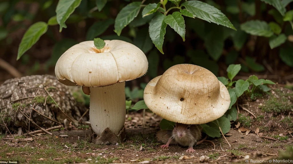 This image is a high-quality nature photograph, It features a small brown harvest mouse perched atop a large white mushroom. The composition centers on the mouse and the mushroom, highlighting intricate details in the mouse's fur and the mushroom's textured cap and stem. The background is a soft, out-of-focus green, providing a subtle contrast to make the subject stand out. Details such as the mouse's long tail, delicate whiskers, and the green mossy ground below add to the charm and natural ambiance of the scene.