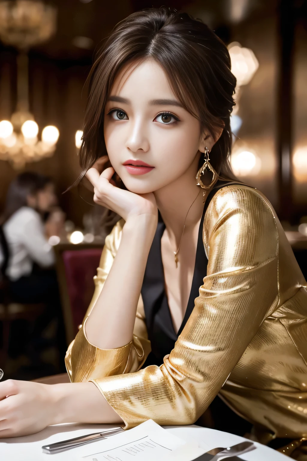 masterpiece, Highest quality, Realistic, Very detailed, Finer details, High resolution, 8k wallpaper, One beautiful woman, Wear a nice suit, In a great restaurant, At night, Light brown messy hair, Perfect dynamic composition, Beautiful and beautiful eyes、Big earrings、Sit on a chair、