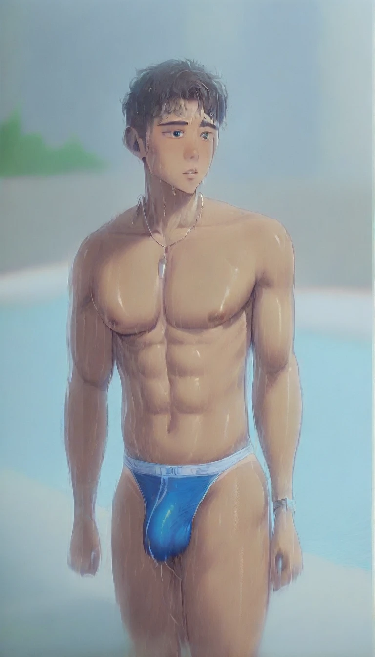 best quality, masterpiece, amazing details, (handsome dark skinned muscular young man with curly brown hair), exaggerated tiny waist, skimpy low rise dark blue thong, bottoms tan line, bulge, penis outline, walking through hotel resort swimming pool, looking away, blank expression, wet body, dripping wet, perfect fingers, no watermark, no logo, no signature