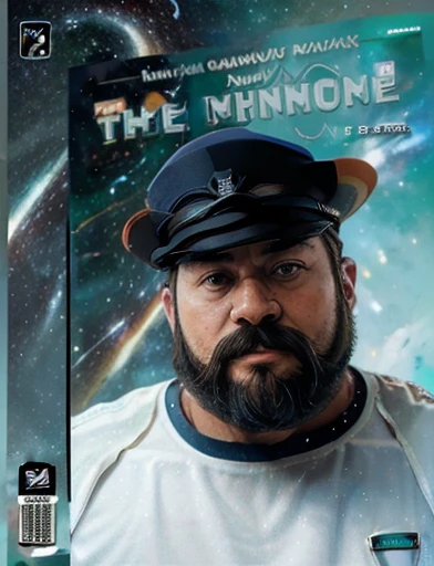 (((roliço rechonchudo gordo, barba longa, (usando um chapéu branco de capitão da marinha, ele usa uniforme da marinha cor branco e azul), left a face of a captain with a captain hat wearing a white and blue uniform he is bearded, plump and chubby))), ((above centered a technological spaceship, in the background a universe and its galaxies)). Text Report on the right in the middle of the magazine cover, text describing something important in the lower left part of the magazine.