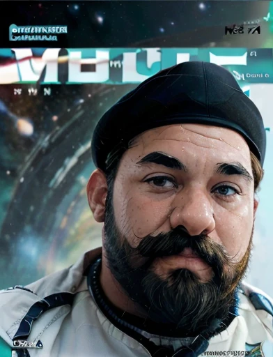 The space general wears a futuristic uniform, he is fat bearded, long sleeve uniform , he has his arms crossed seriously, speaking to the viewer, He wears a white general's hat on his head.