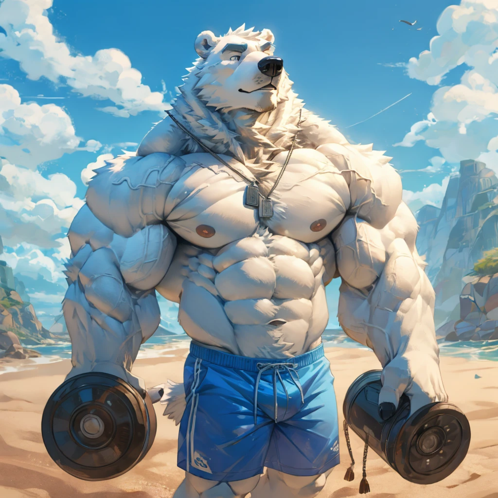  One tall Polar Bear with big muscular body shirtless and topless with light blue shorts and a dog tag on his neck, veiny, flexing