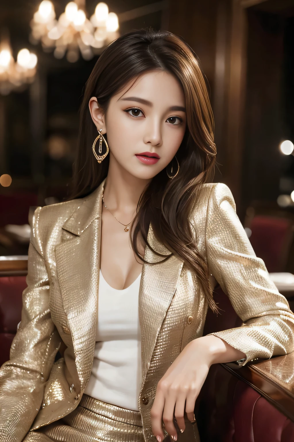masterpiece, Highest quality, Realistic, Very detailed, Finer details, High resolution, 8k wallpaper, One beautiful woman, Wear a nice suit, In a great restaurant, At night, Light brown messy hair, Perfect dynamic composition, Beautiful and beautiful eyes、Big earrings、Sit on a chair、