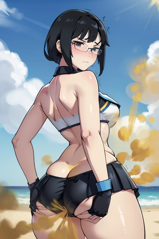 realism,beautiful lighting,solo, 1 female,((black hair, sideswept hair bang, shortest back hair)),pale skin ,glasses, light blue bra, light blue bikini swimsuit, blue panty, transparent skirt, farting, massive fart, yellow gas, velocity, bend over, blush, clenching teeth, alone in a beach