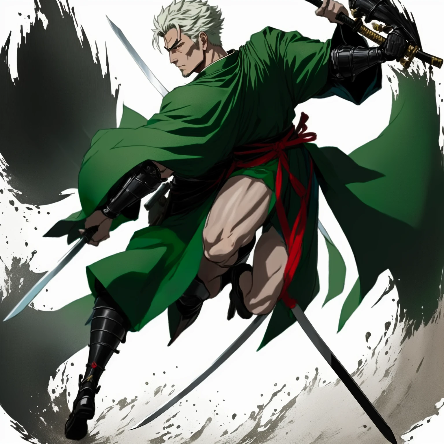 Figure back, full body，A man in green clothes、Cartoon of a man holding a sword, best Anime Characters design, Yagaki Kanosuke, Legendary god holding a spear, Fox Nobuyuki holding a naginata, Anime Characters, Bow Foot Light, Photo of an adult male warrior, Official Character Art, Roronoa Zoro, Inspired by Toshusai Sharaku