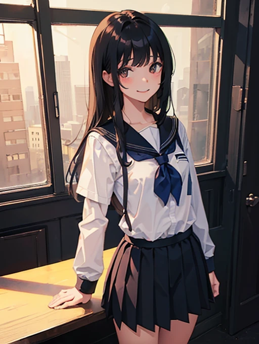 1girl, Standing upright in a classroom in a dark atmosphere at night, (schoolgirl uniform), long black hair, pleated skirt, (spooky smile),spooky light, ((wide shot)), (looking down at viewer), 18 years old, ((from front shot))