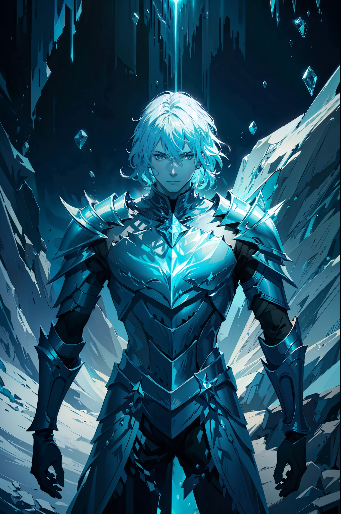 Ice knight, beautiful man with fine armor, intricate design, ocean blue details, silk, cinematic lighting, 4k, floating hair, sharp, prism, shining knight. Man with details armor.