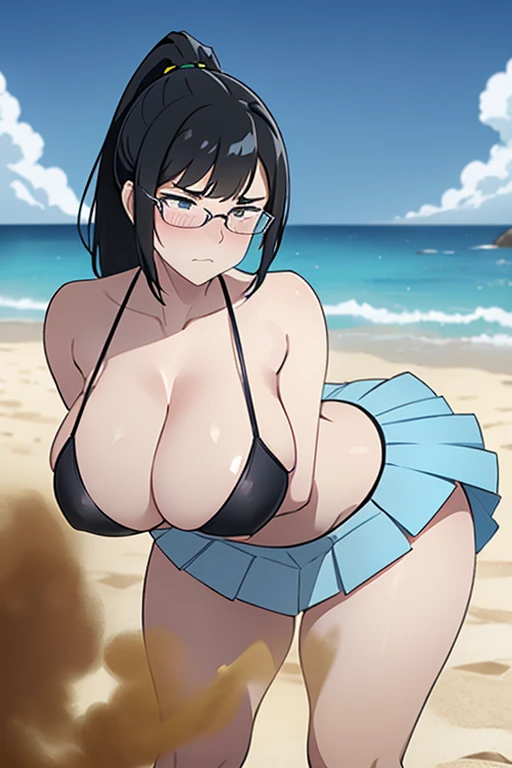 realism,beautiful lighting,solo, 1 female,((black hair, sideswept hair bang, ponytail hair)),pale skin ,glasses, light blue bra, light blue bikini swimsuit, blue panty, transparent skirt, farting, massive fart, yellow gas, velocity, bend over, blush, clenching teeth, alone in a beach