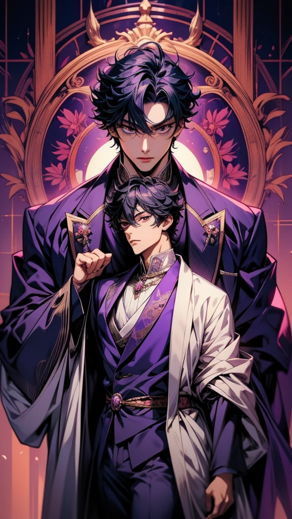 Image taken from an anime of a man in a purple suit, inspired by Okumura Masanobu, Handsome men from Demon Slayer, handsome prince, inspired by Okumura Togyu, Beautiful androgynous prince, Anime Handsome Man, Hajime Yatate, Handsome Japanese Devil Boy, A delicate androgynous prince