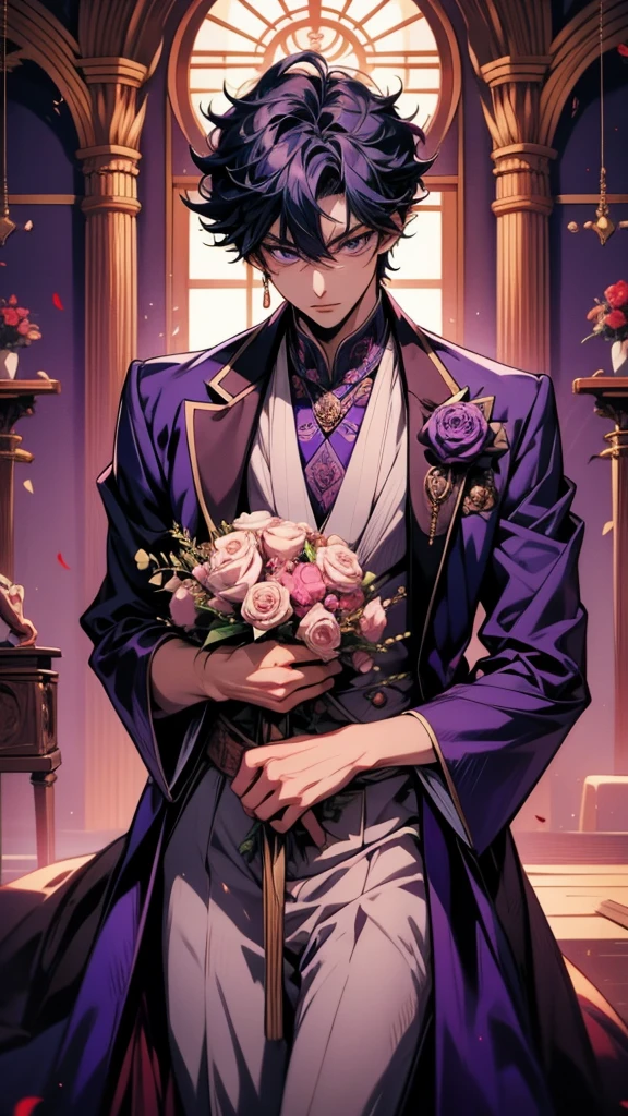 Image taken from an anime of a man in a purple suit, inspired by Okumura Masanobu, Handsome men from Demon Slayer, handsome prince, inspired by Okumura Togyu, Beautiful androgynous prince, Anime Handsome Man, Hajime Yatate, Handsome Japanese Devil Boy, A delicate androgynous prince