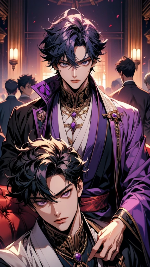 Image taken from an anime of a man in a purple suit, inspired by Okumura Masanobu, Handsome men from Demon Slayer, handsome prince, inspired by Okumura Togyu, Beautiful androgynous prince, Anime Handsome Man, Hajime Yatate, Handsome Japanese Devil Boy, A delicate androgynous prince