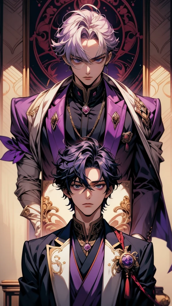 Image taken from an anime of a man in a purple suit, inspired by Okumura Masanobu, Handsome men from Demon Slayer, handsome prince, inspired by Okumura Togyu, Beautiful androgynous prince, Anime Handsome Man, Hajime Yatate, Handsome Japanese Devil Boy, A delicate androgynous prince