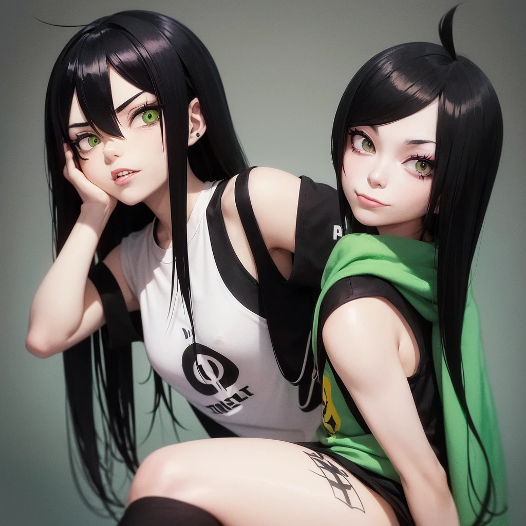 girl similar to gorillaz noodle, long black and green gradient straight hair ((drawing)), ((anime girl nose)), white t-shirt, resting her chin on her hand (pose for photo) tattoos on her arms, showing her tongue, art cyberpunk, sarcastic look, nervous teenager, malicious smile, background scene with several people looking, art inspired by Jamie Hewlett,