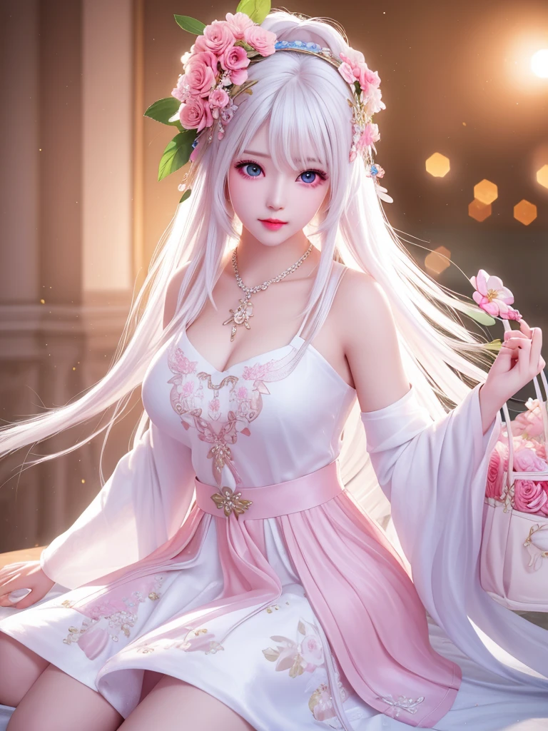 best quality, masterpiece, High target, There is a girl with a basket of flowers on her head, Big breast beauty,Very sexy,beautiful clothes, Hair Decorationss, necklace, Decorations, Pretty Face, When the body, Tyndall effect, Realistic Portraits, Edge lighting, Two-color light, (Very delicate skin:1.2), 8K uhd, Digital SLR Camera, Soft Light, high quality, Volumetric Lighting, Honest, photo, high resolution, 4K, 8K, Bokeh, Pure white hair,Pink Eyes.