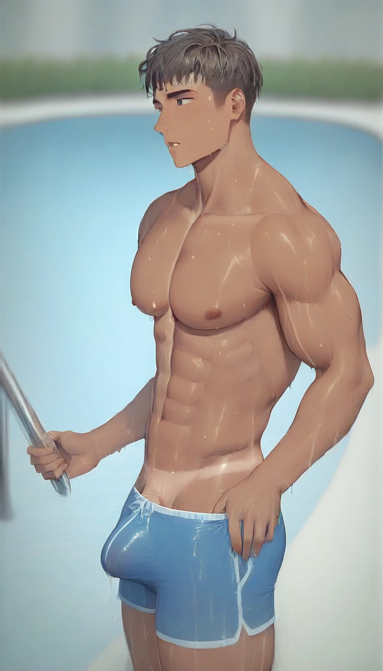 best quality, masterpiece, amazing details, (handsome dark skinned muscular young man with curly brown hair), exaggerated tiny waist, skimpy low rise dark blue thong, shorts tan line, bulge, penis outline, walking through hotel resort swimming pool, looking away, blank expression, wet body, dripping wet, perfect fingers, no watermark, no logo, no signature