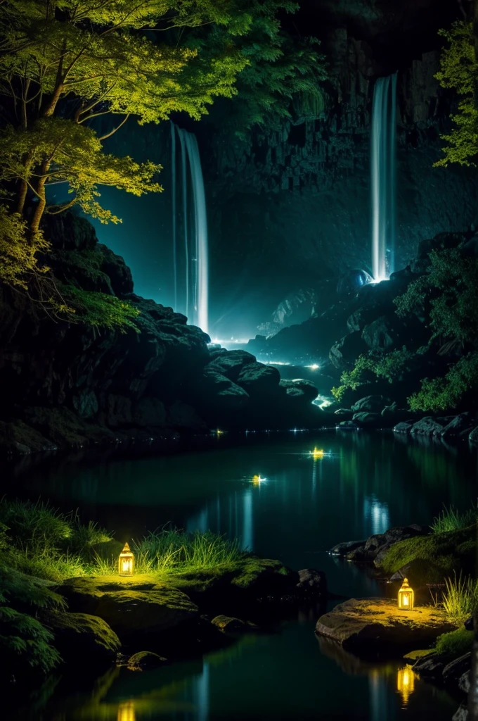 Fantasy and mystical landscape of a glowing in the dark that comes with the waterfall in a cave, a glow in the dark lake and some lights of fireflies, with some yellow dimlight, a lake that shimmering with dark blue colours, minimalist lush greenery,