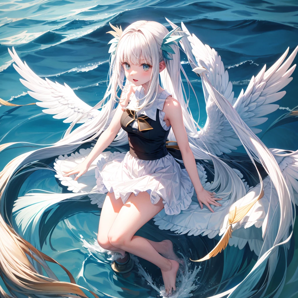 full-body portraits、sleeveless、White-colored skin,seaside，swimsuit，Double tail,white wings behind