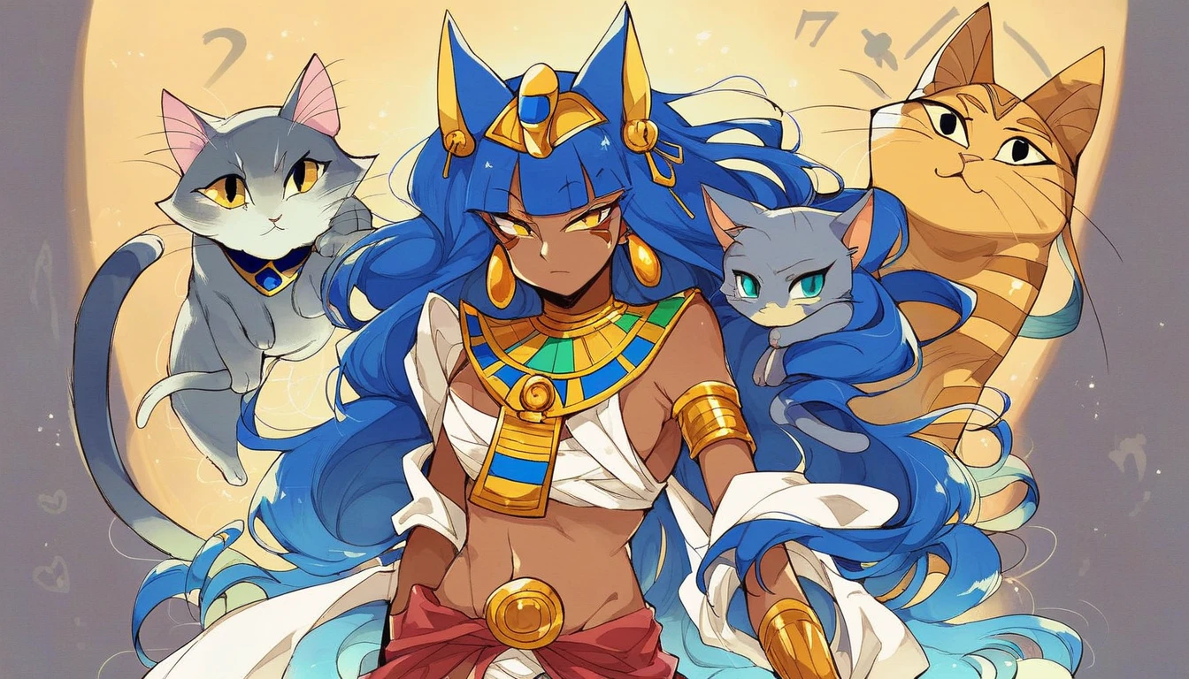 1 Girl，animal，animal耳朵，Cat，Cat耳朵，Dark skin tone的女性，Dark skin tone，clothing，earrings，Jackal ears，Jewelry，Long hair,，beautiful girl,Standing，Sexy pose，Blue Hair，skin，Keep your mouth shut，Wear，whole body，solo，Standing，Cat尾巴，埃及Cat女神, bet, 身穿金Cat铠甲, Cat女, Egyptian God, Neferibido, anime Cat女, Hieroglyphics, Hieroglyphicsics, Pharaoh, Cat女, 索拉是一只Cat, tabaxi, 来自虚空的Cat